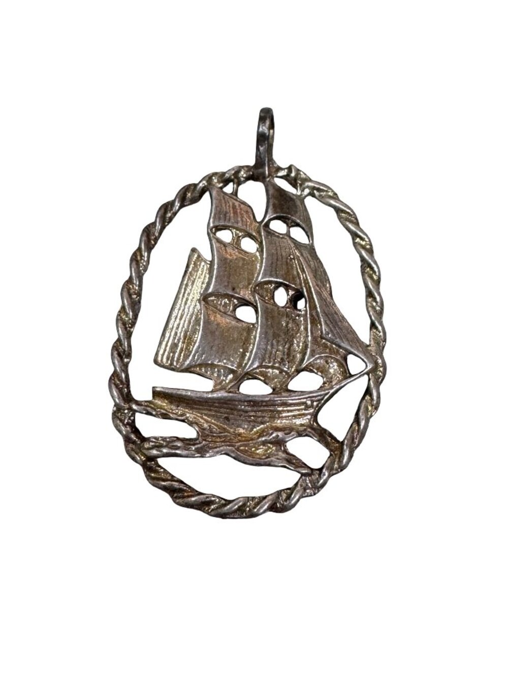 Vintage Sterling Silver Clipper Sailing Pirate Ship Oval Pendant Maritime Design
